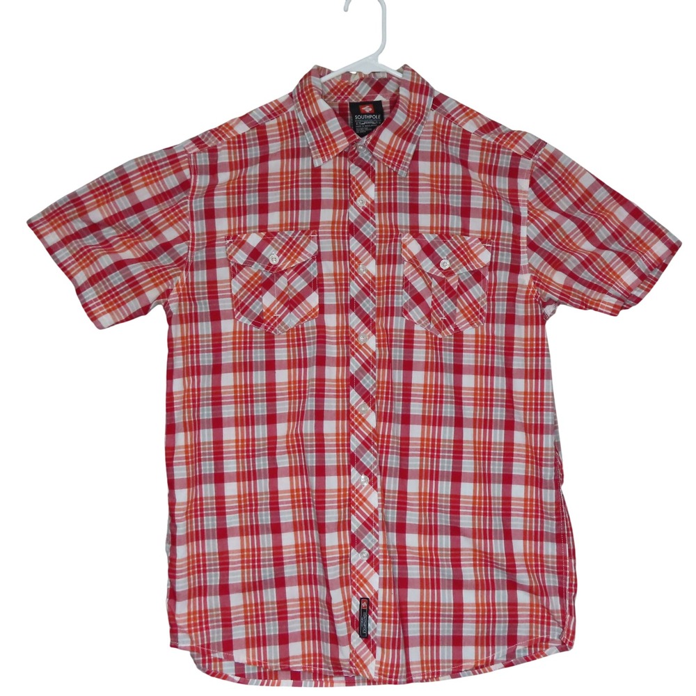 Southpole Mens Plaid Short Sleeve Button Down Y2K Shirt Red Orange White Large